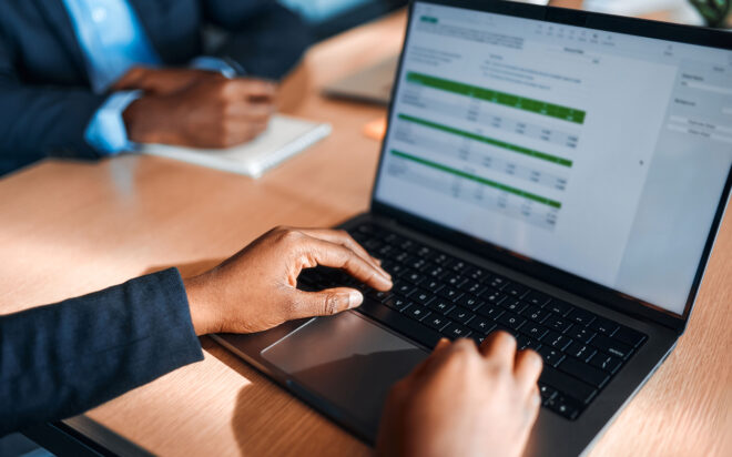 Person working on laptop with spreadsheet document open
